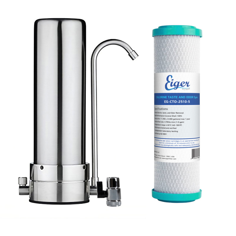 Ανοξείδωτη μονή συσκευή φίλτρου νερού Άνω Πάγκου Eiger, ασημί χρώμα, διάμετρος 2.5", με ανταλλακτικό φίλτρο.