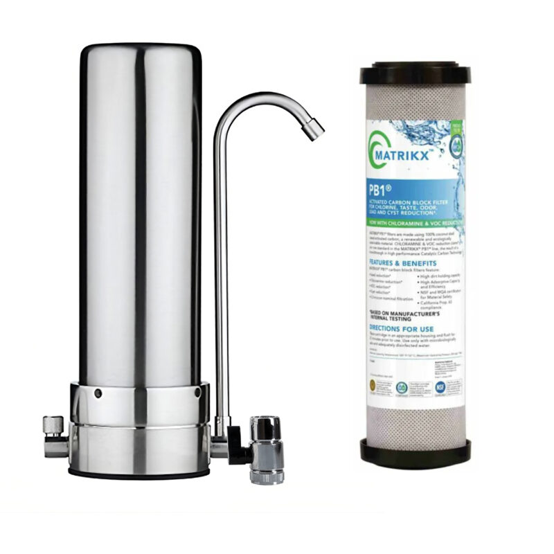 Eiger Stainless Steel Single Countertop Water Filter Device with Faucet and Matrikx PB1 0.5μm Filter