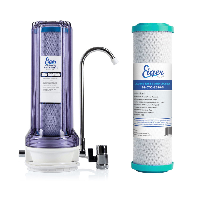 Διάφανη μονή συσκευή φίλτρου νερού άνω πάγκου Eiger, με φίλτρο 5μm. Ιδανική για φίλτρα 2.5" x 10".