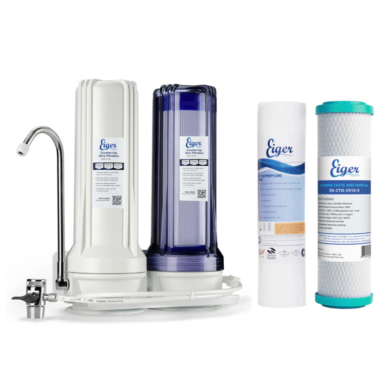 Διπλή συσκευή φίλτρου νερού άνω πάγκου Eiger με φίλτρα CTO 5μm και PP 5μm - Φιλτράρει αποτελεσματικά το νερό.