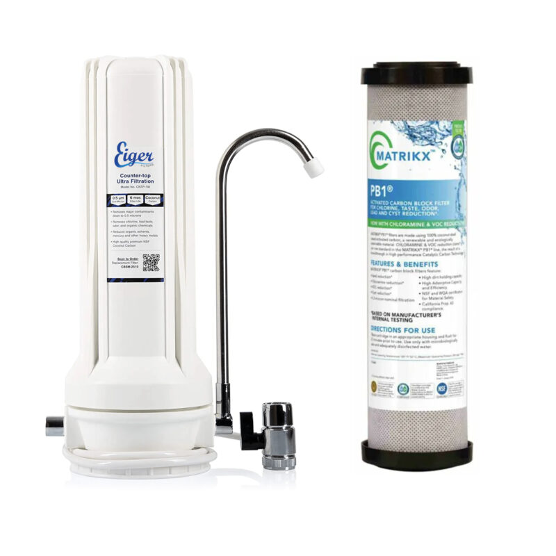 Eiger White Single Countertop Water Filter Device with Faucet and Matrikx PB1 0.5μm Filter