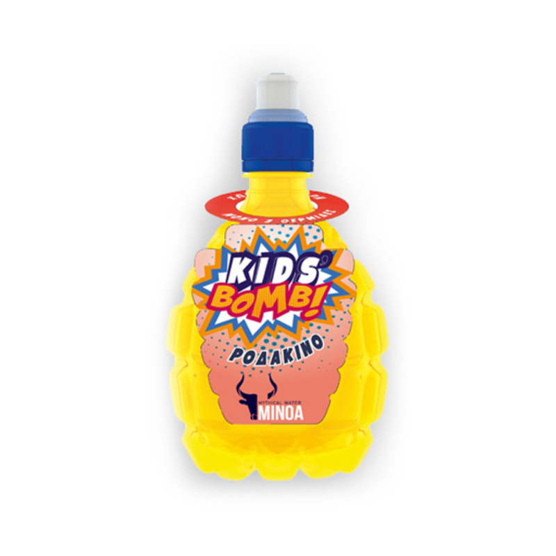 Ροδάκινο Kids Bomb 330ml, 12 τεμάχια, χωρίς ζάχαρη, μόλις 2 θερμίδες. Αναζωογονητικό ρόφημα για παιδιά.