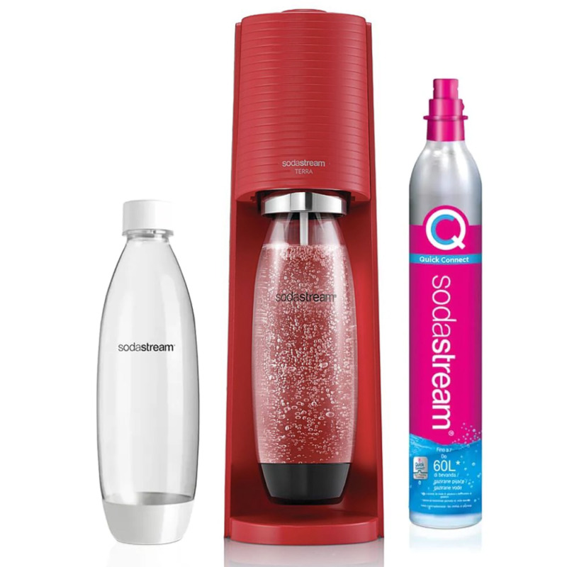 Συσκευή παρασκευής ανθρακούχου νερού Sodastream Terra Red - Μετατρέπει νερό σε ανθρακούχο νερό γρήγορα.