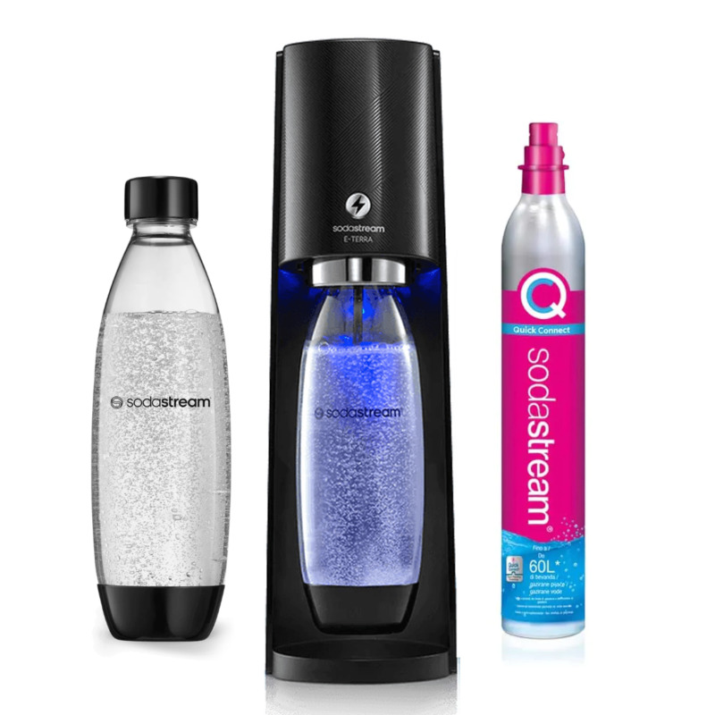 Συσκευή παρασκευής ανθρακούχου νερού Sodastream E-Terra Black - μετατροπή νερού σε ανθρακούχο με ένα κουμπί, μαύρο χρώμα.