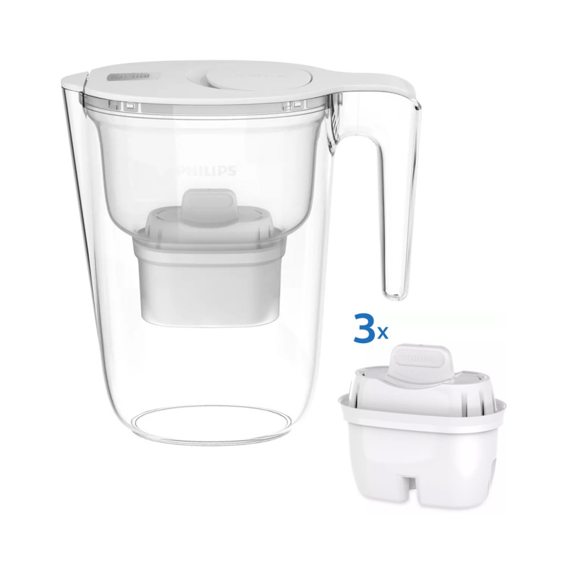 Κανάτα Philips Λευκή 2600ml Micro X-Clean, με φίλτρο για καθαρό νερό. Καπάκι flip-top & ψηφιακό χρονοδιακόπτη. Σετ 3 τεμάχια.