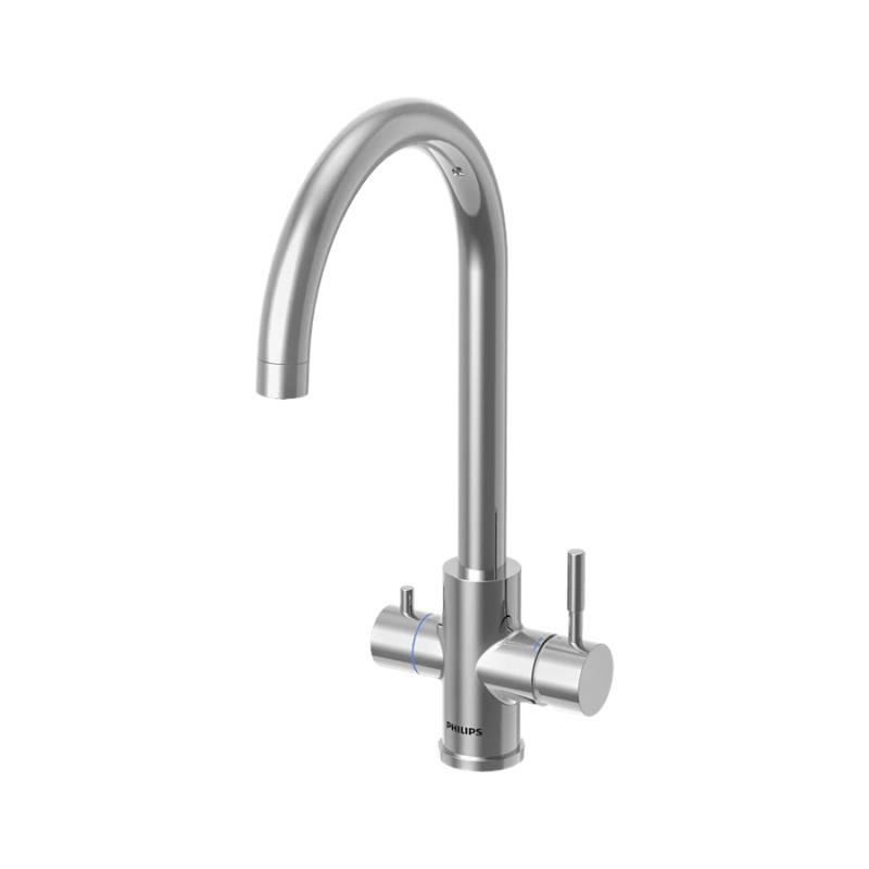 Ανοξείδωτη τρίοδη βρύση καμπυλωτή για φίλτρο νερού, με μία λαβή για μη φιλτραρισμένο ζεστό και κρύο νερό βρύσης και μία για φιλτραρισμένο κρύο νερό