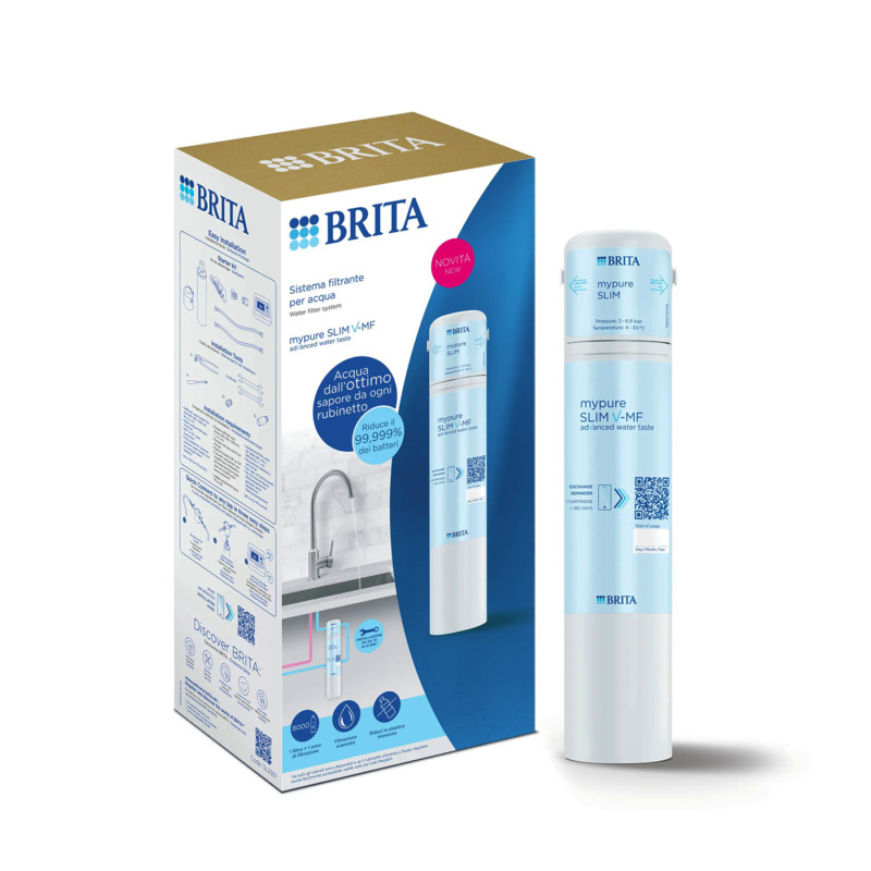 Καθαρό, Γευστικό Νερό Κατευθείαν από τη Βρύση Σας Το BRITA My Pure Slim V-MF είναι ένα σύγχρονο σύστημα φιλτραρίσματος νερού που τοποθετείται εύκολα κάτω από τον νεροχύτη σας, προσφέροντας καθαρό και φρέσκο νερό για έως και 12 μήνες (8.000 λίτρα). Με το σύστημα τριπλού φιλτραρίσματος, μειώνονται οι βλαβερές ουσίες, ενώ διατηρούνται τα απαραίτητα μέταλλα όπως το ασβέστιο και το μαγνήσιο.