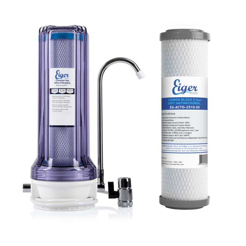 Διάφανη μονή συσκευή φίλτρου νερού άνω πάγκου Eiger 0.5μm, συμβατή με φίλτρα 2.5" x 10", με αντιμικροβιακό φίλτρο.