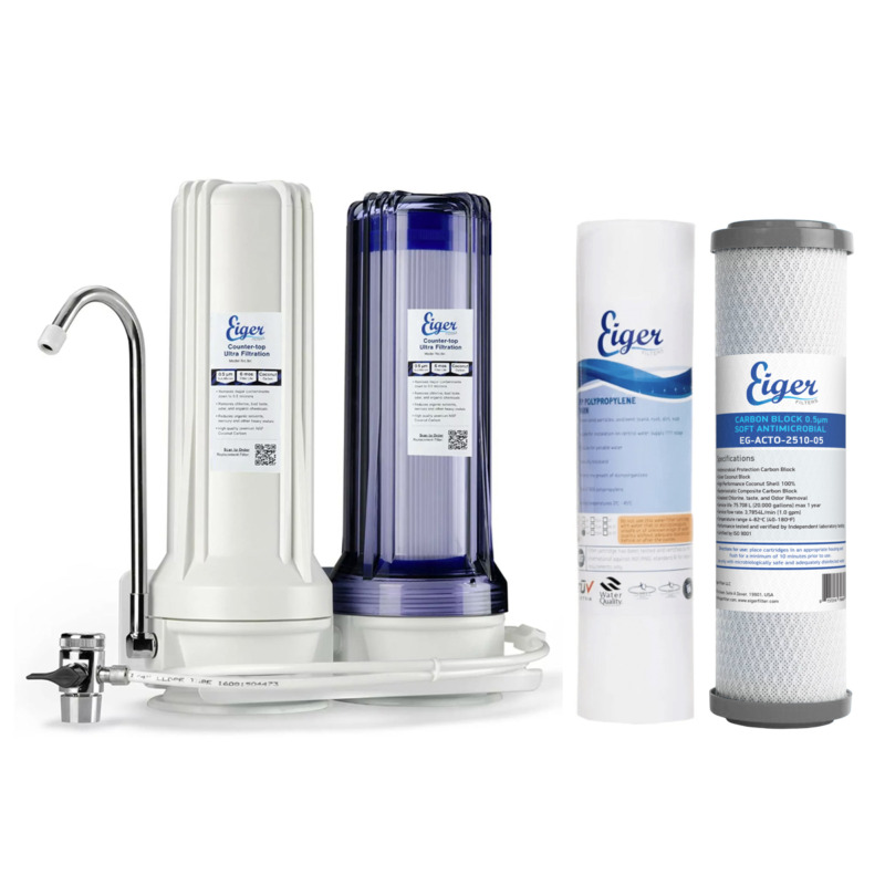 Διπλή συσκευή φίλτρου νερού άνω πάγκου Eiger, διαφανής/λευκή, 2.5" x 10", BPA free, με 2 στάδια φιλτρανσης.