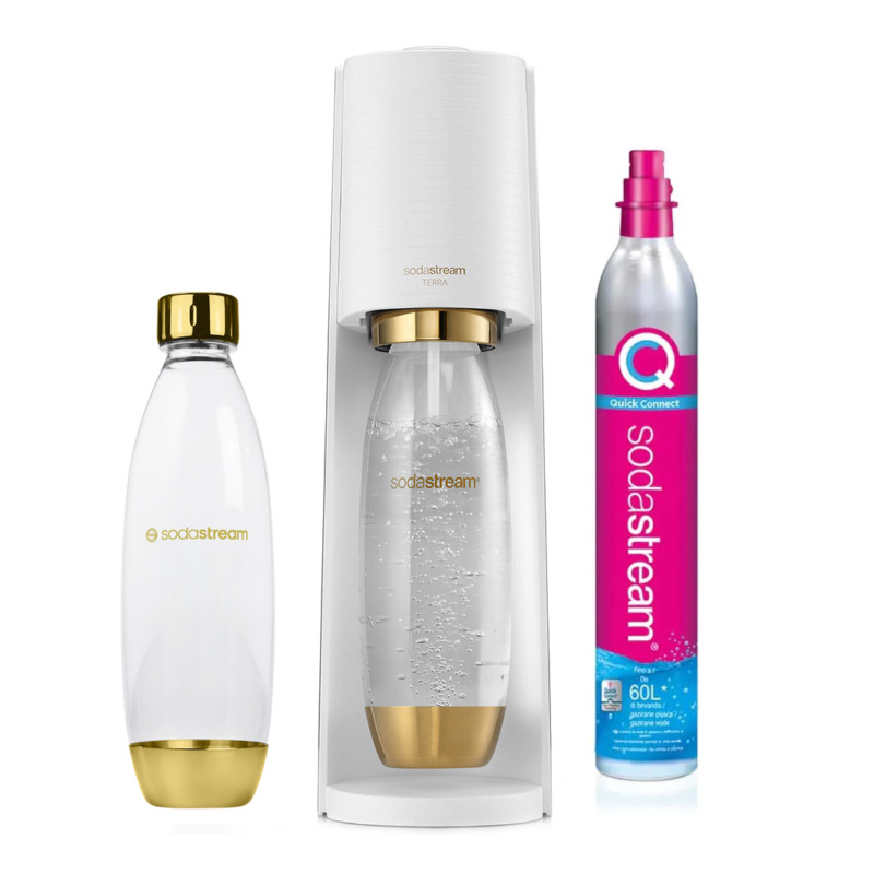 Συσκευή Sodastream Terra Gold παρασκευής ανθρακούχου νερού, χωρίς ρεύμα, χρυσό χρώμα.